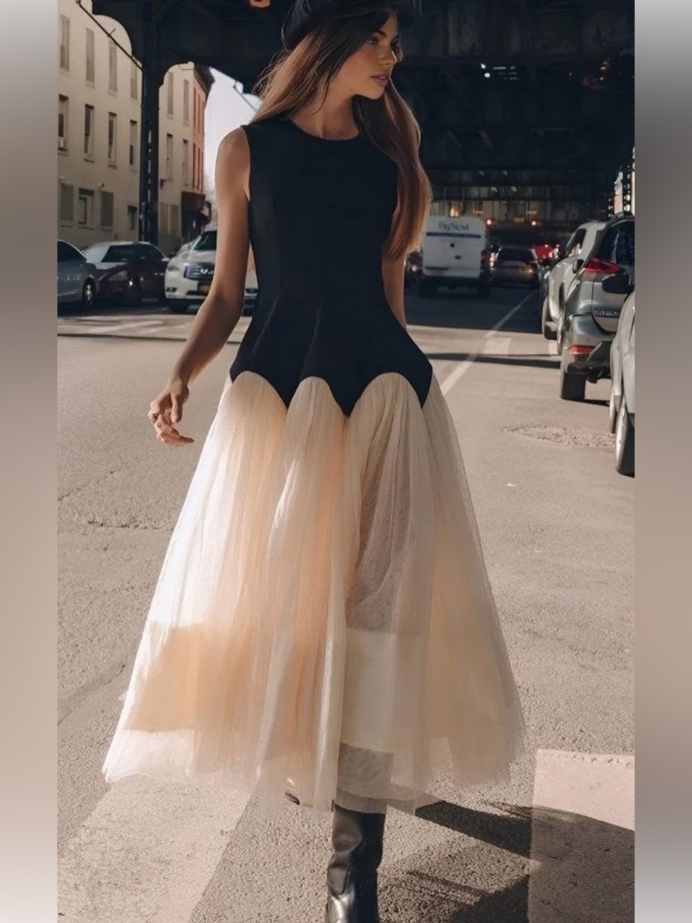 Commense Black Bodice Cream Tulle Maxi Dress